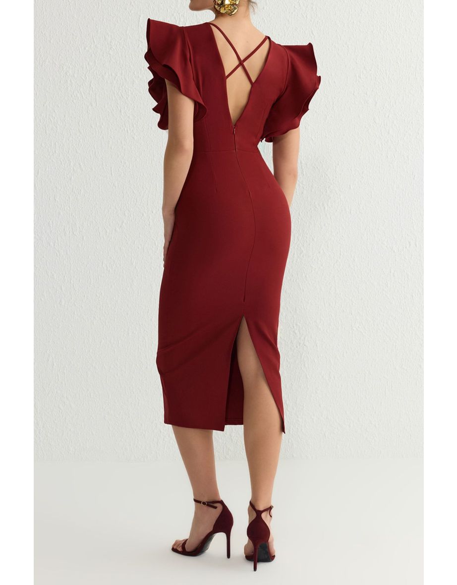 Burgundy Body-Styling Flounce Detail Elegant Dress - 4