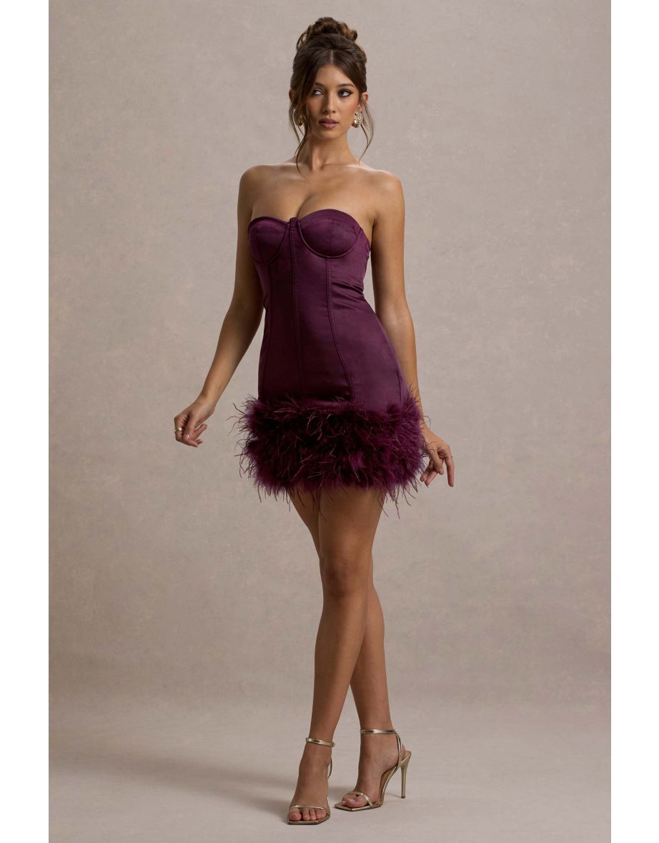 Vampira | Burgundy Satin Corset Feather Mini Dress