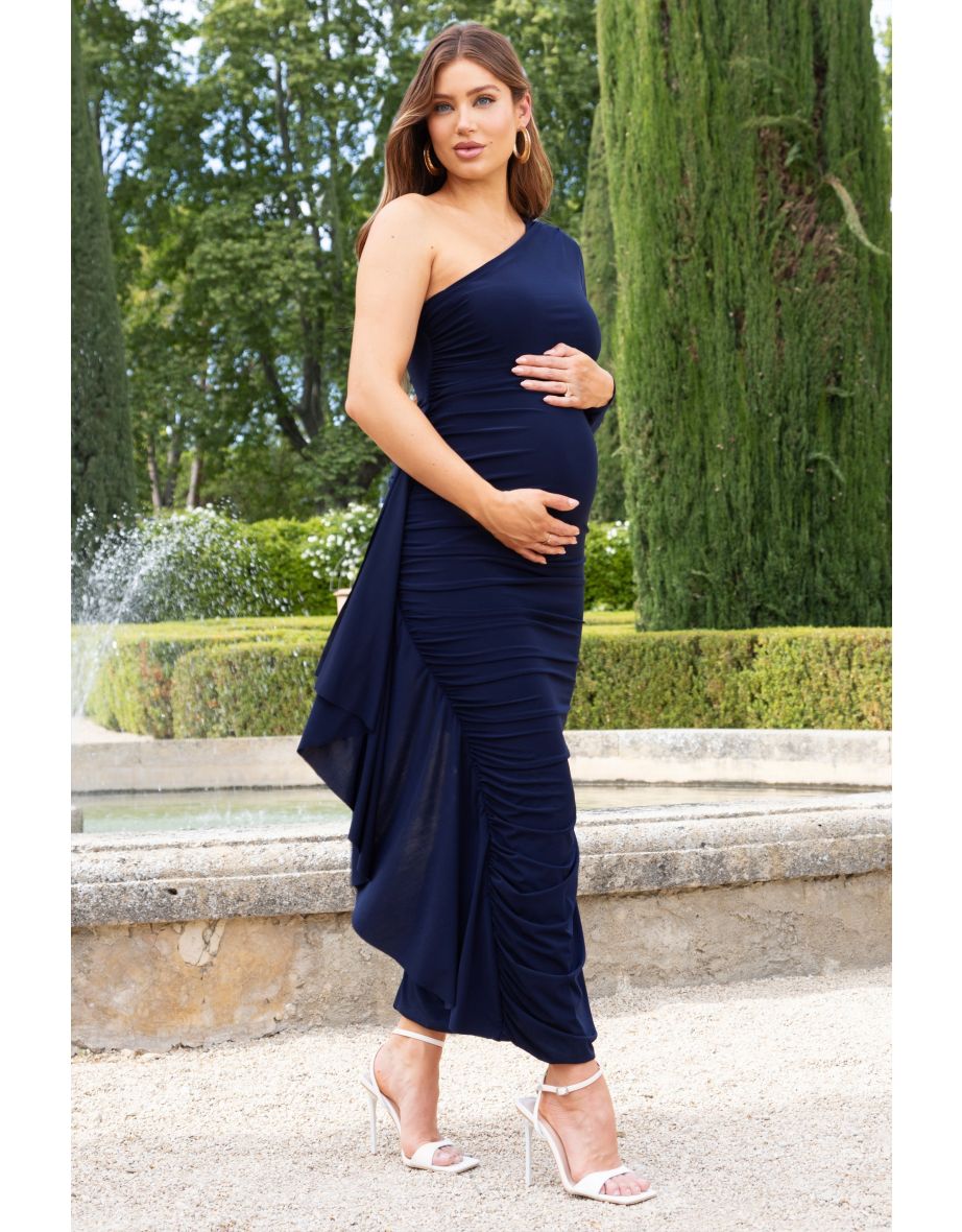 Never Let Go |  Navy Maternity One Shoulder Ruched Side Detail Maxi Dress - 4