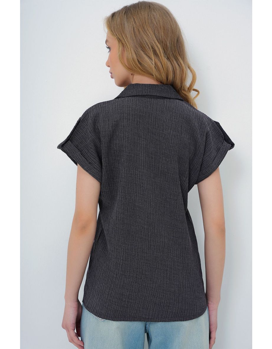 Women's Anthracite Cuffed Double Short Sleeve Textured Shirt - 5