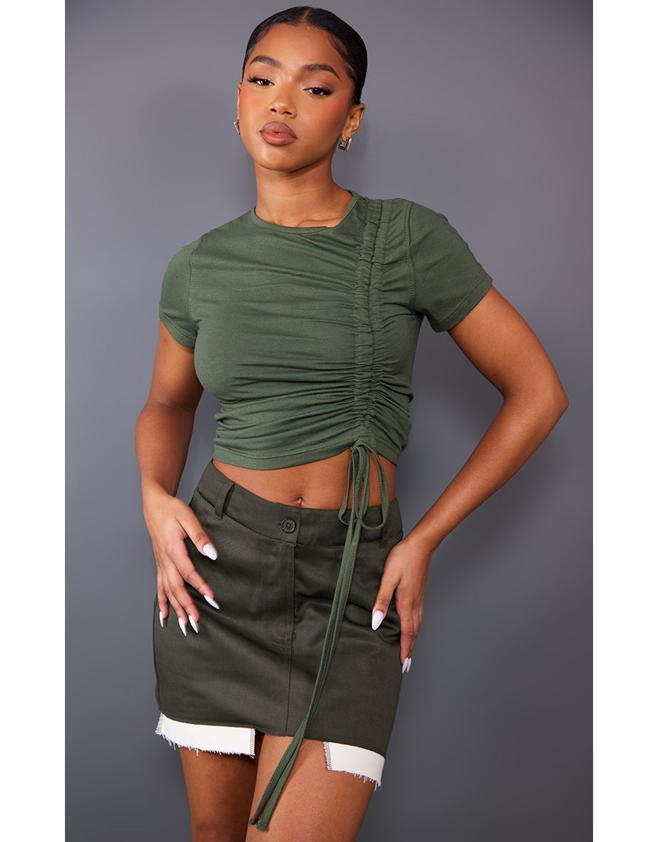 Khaki Asymmetric Ruched Drawstring T Shirt