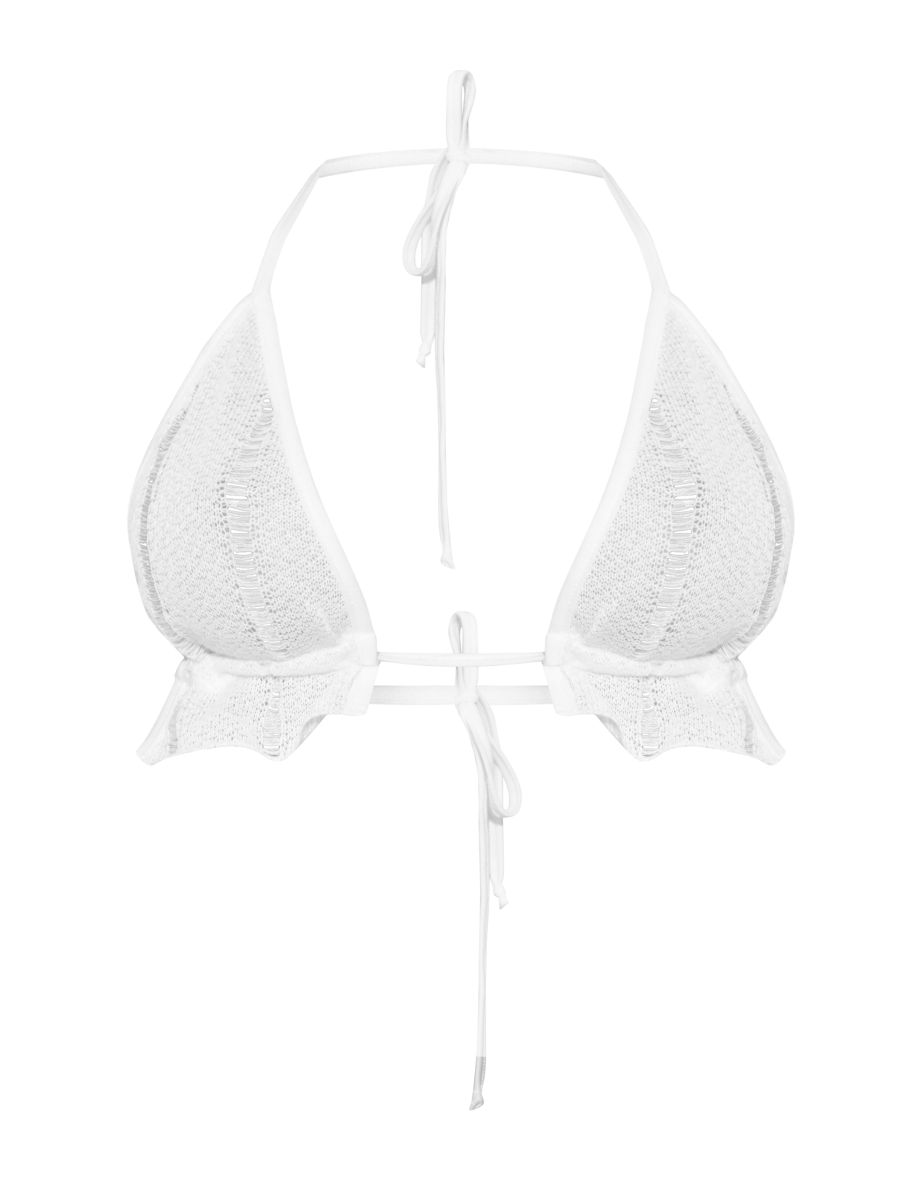 White Textured Halterneck Ruffled Crop Top - 4