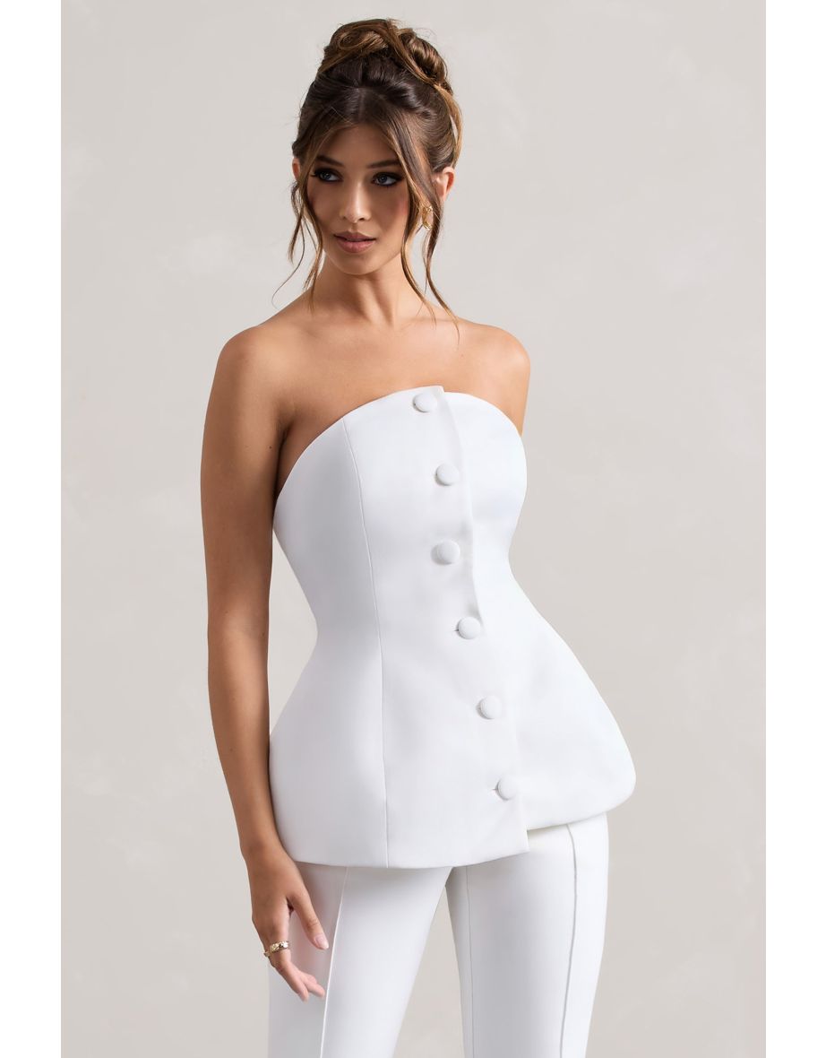 Century | Cream Satin Strapless Button Front Corset Top - 4