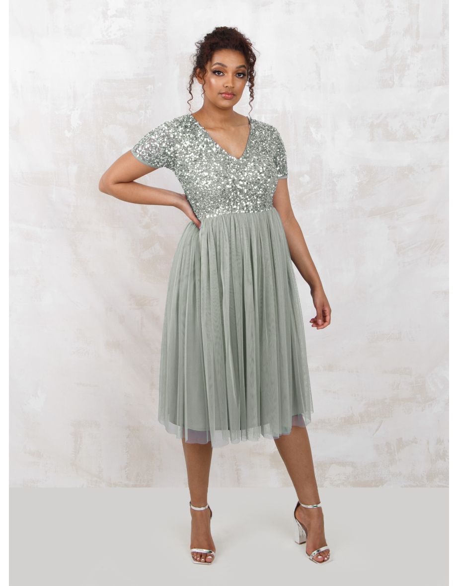 Shop Maya Green Lily V Neckline Embellished Midi Dress Online in Bahrain VogaCloset