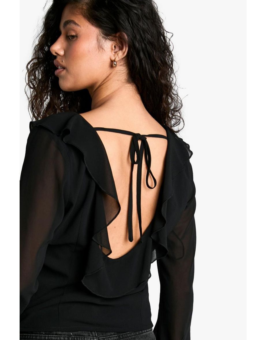 Chiffon Ruffle Tie Front Blouse - black - 3