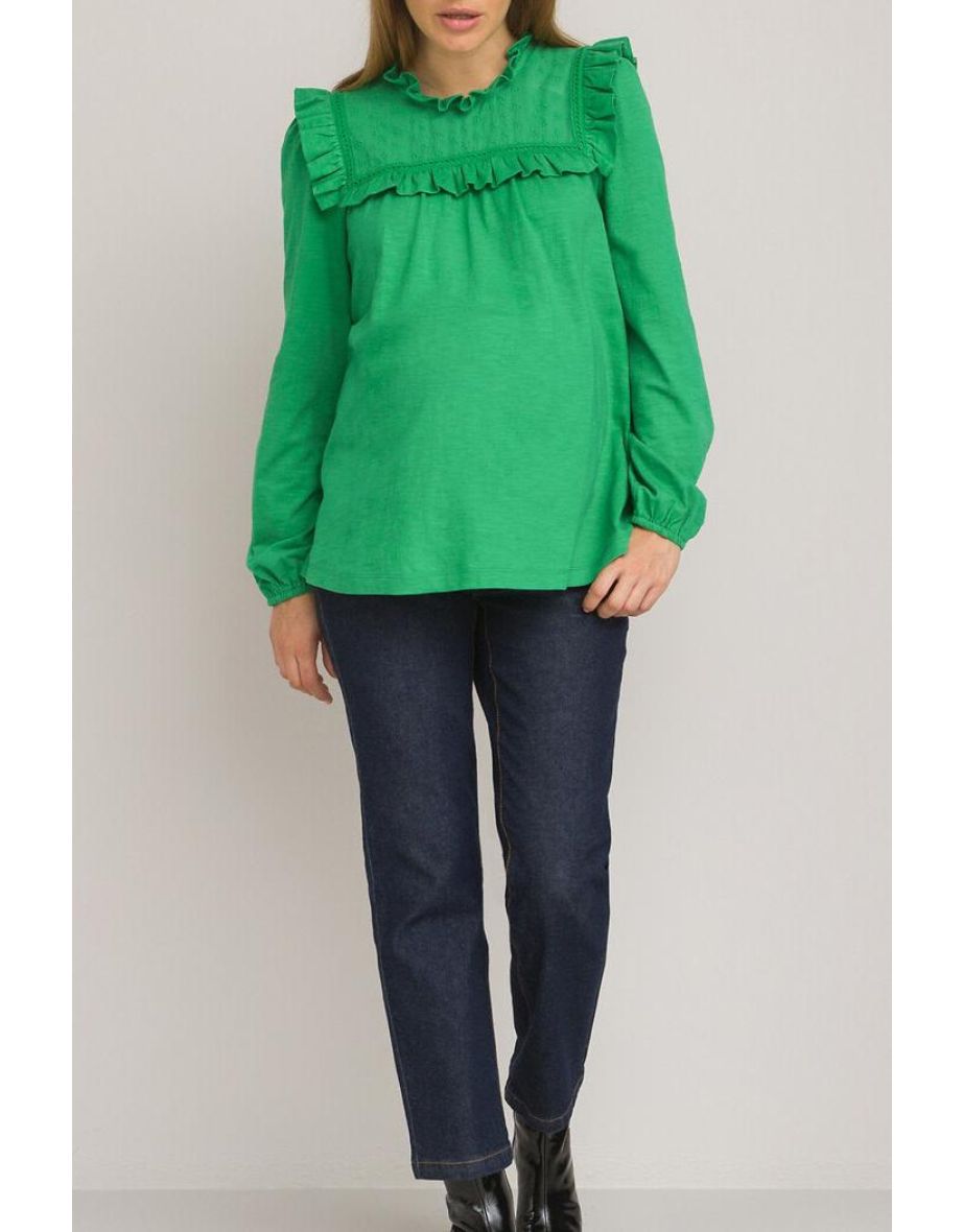 Cotton Ruffled Maternity T-Shirt with Long Puff Sleeves