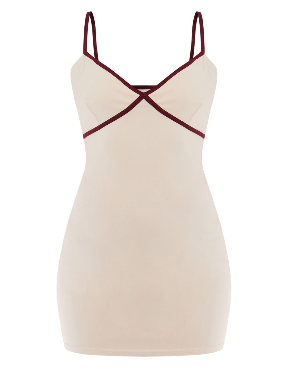 Stone Stretch Woven Contrast Cup Binding Mini Dress - 4