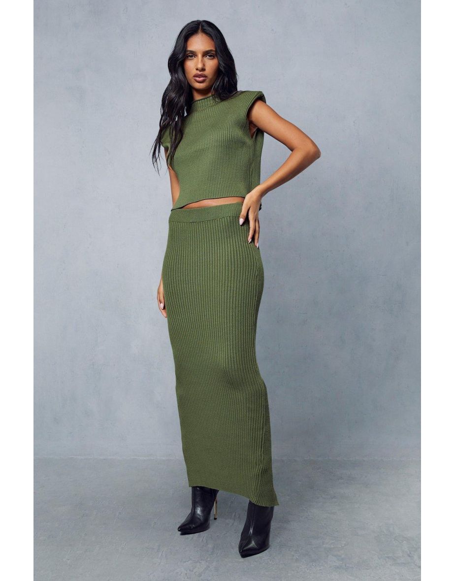 Knitted Ribbed Shoulder Pad Midi Skirt Co-ord