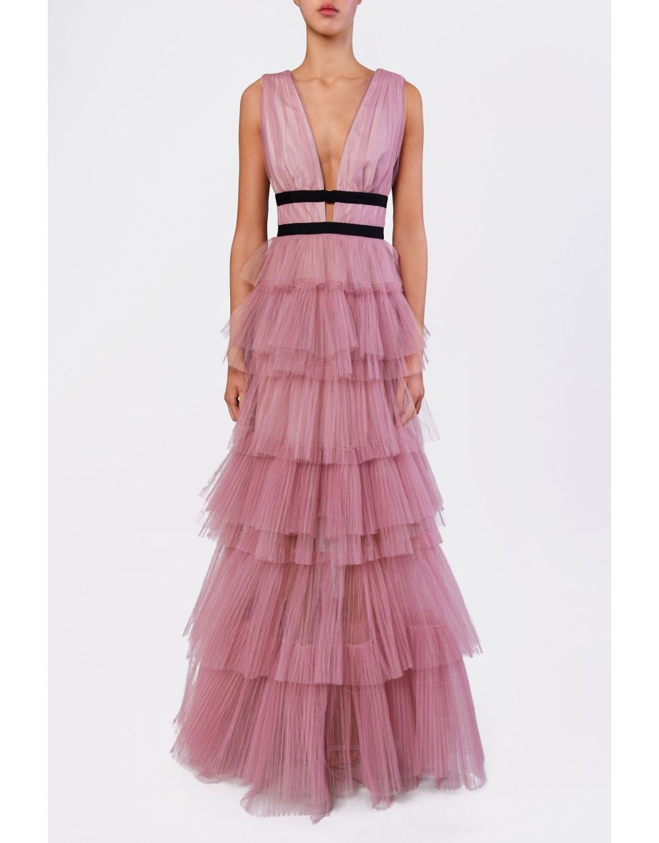Eliza Dark Pink Plunging Neck Layered Tulle Skirt Maxi-Dress