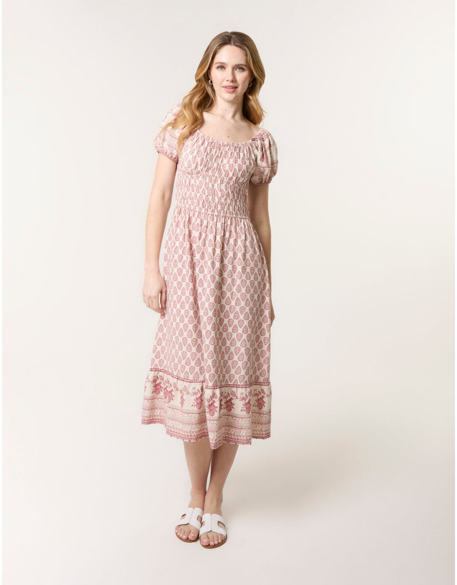 Border Print Puff Sleeve Midi Dress