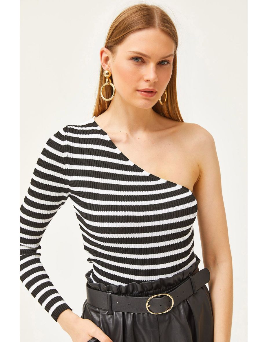 Women's Striped Black One Shoulder Waist Top Crop Knitwear Blouse
