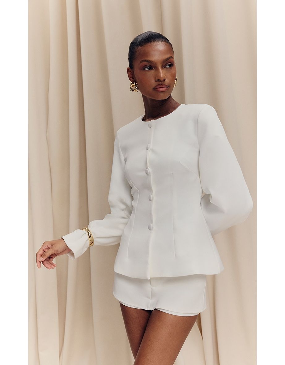 White Woven Cinched Waist Cocoon Sleeve Button Up Blazer