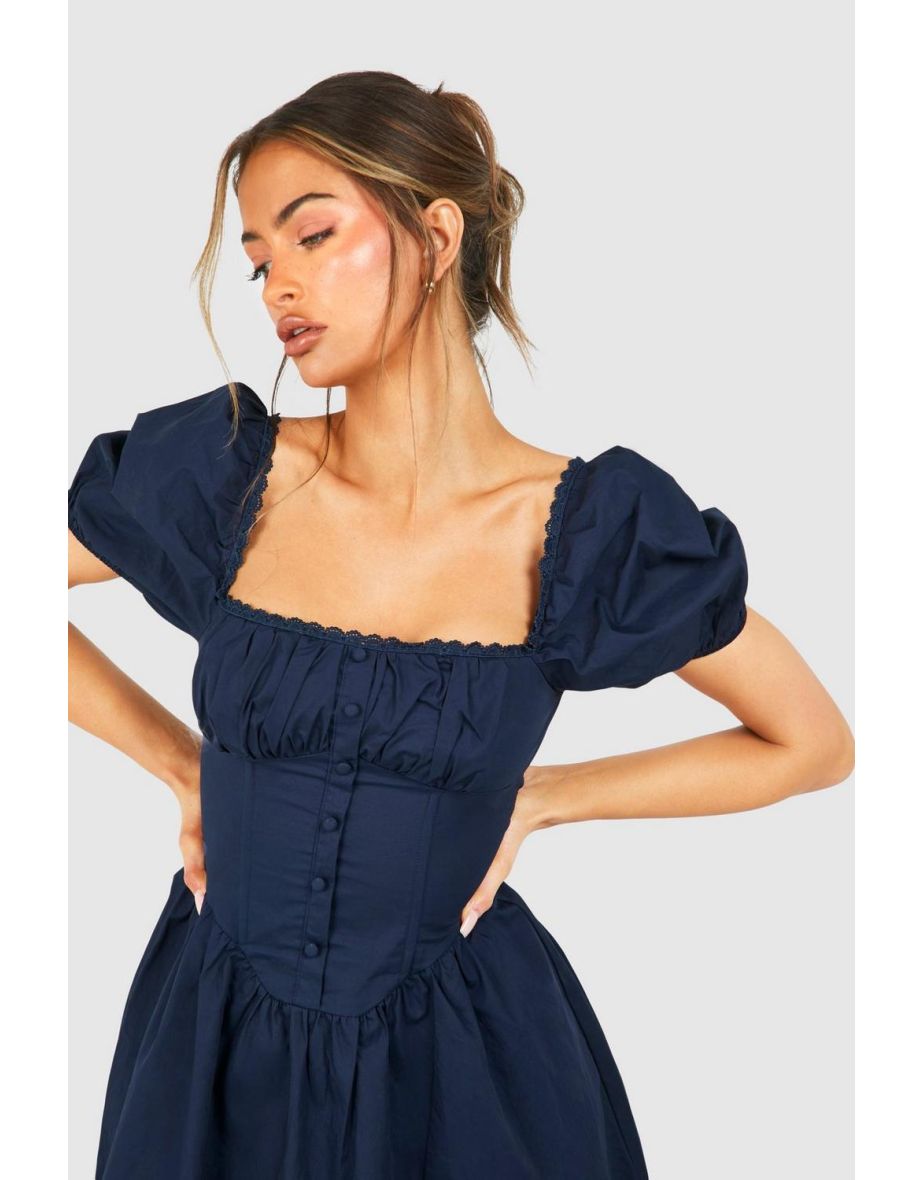Puff Sleeve Cotton Rouched Milkmaid Mini Dress - navy - 3