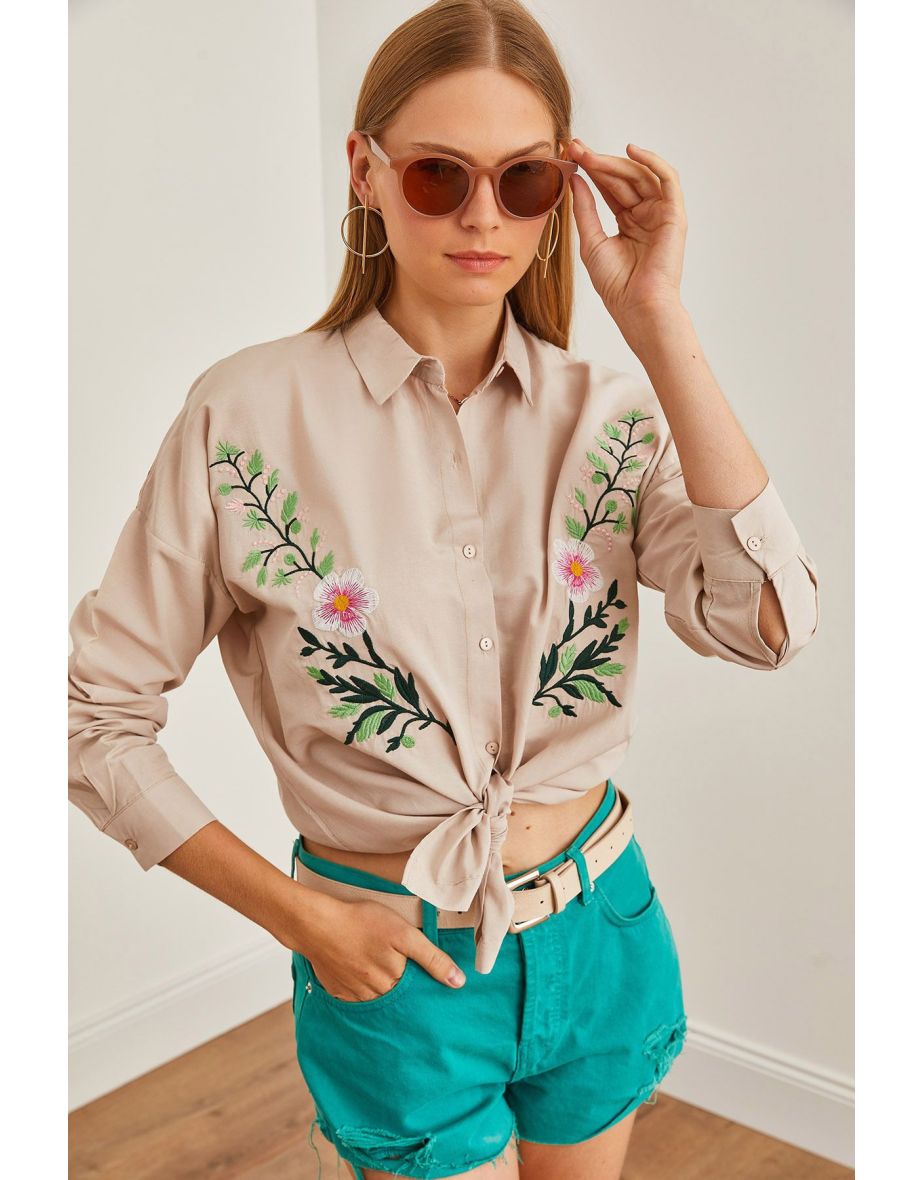 Women's Violet Stone Embroidery Detailed Oversize Woven Shirt