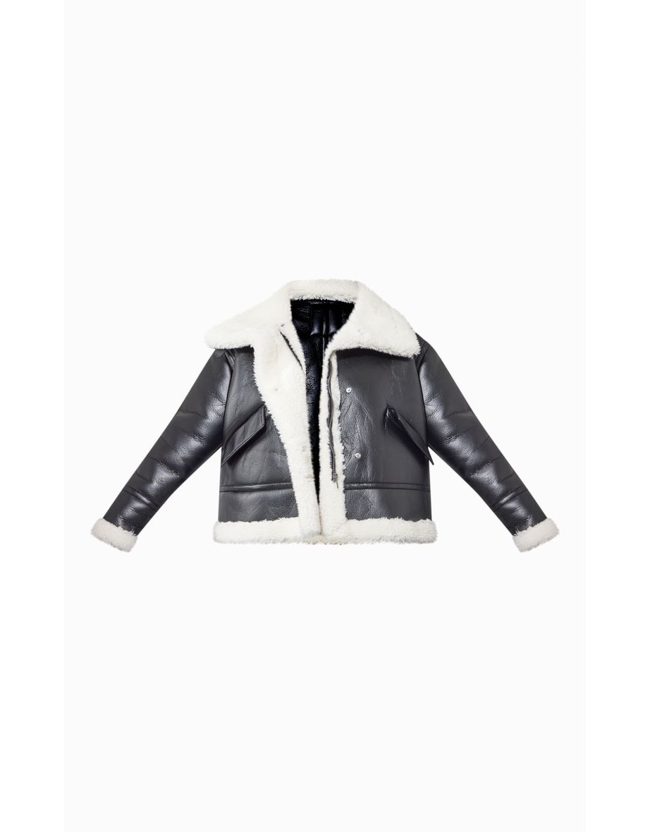 Black Faux Fur Lined Faux Leather Buckled Aviator Jacket - 4