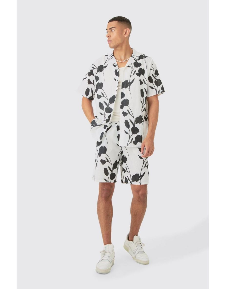 Oversized Linen Look Vine Shirt & Short - white