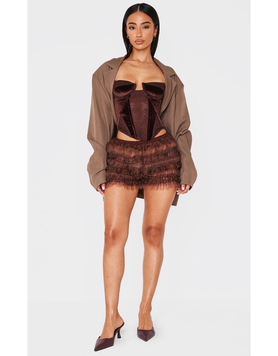 Petite Chocolate Bandeau Velvet Corset With Lace Details