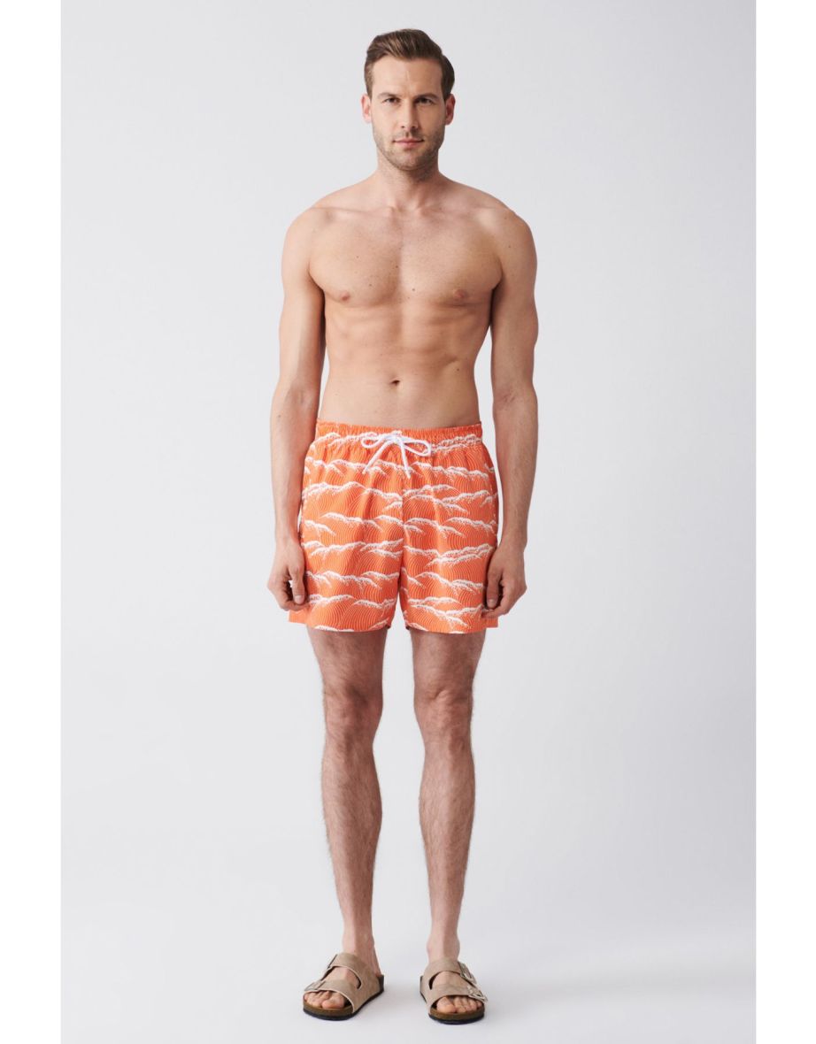 Men's Orange Quick Dry Printed Standard Size Swimwear Marine Shorts