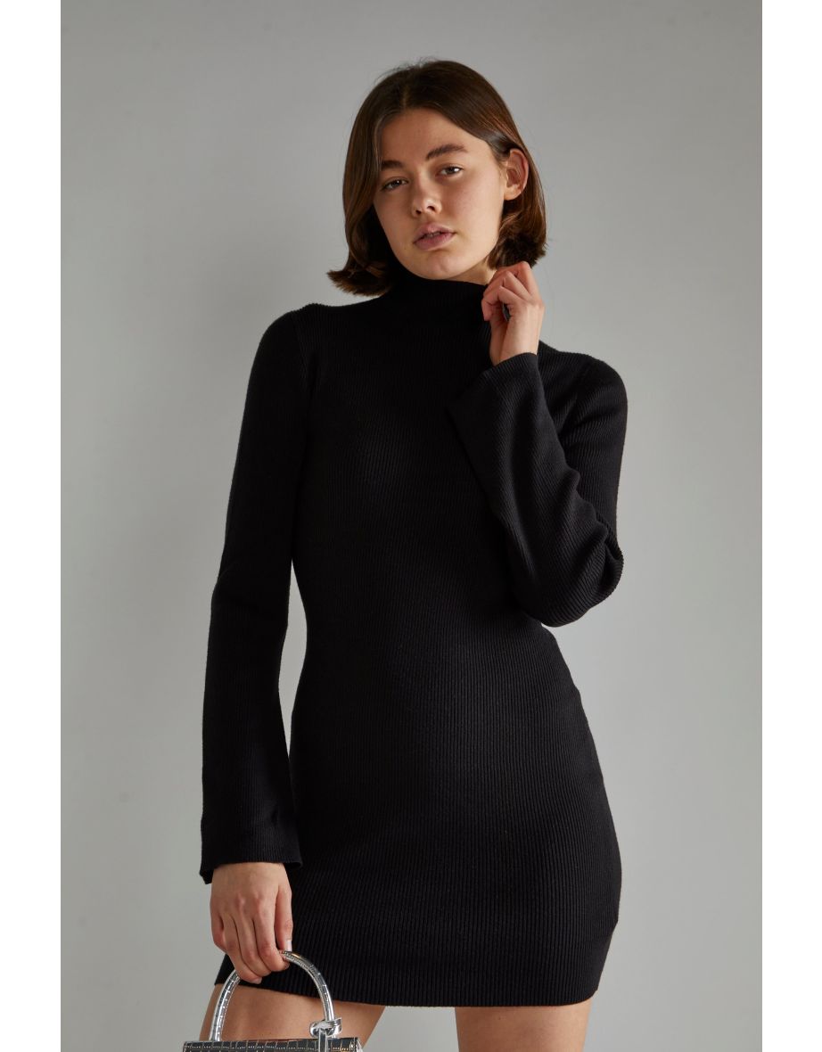 Black Flared Sleeve Knitted Mini-Dress