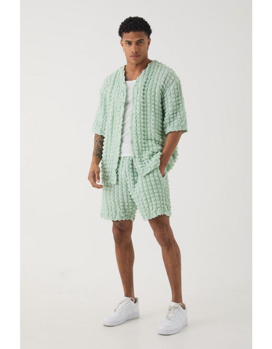 Oversized Popcorn Collarless Polo Shirt & Shorts Set - sage