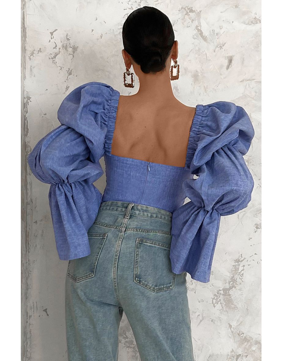 Maximum Impact | Blue Exaggerated Puff Long Sleeve Ruched Bodysuit - 7