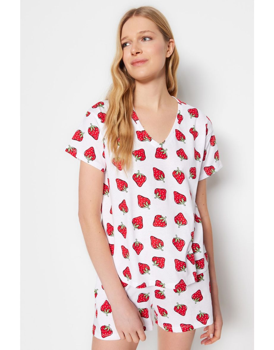 White 100% Cotton Strawberry Pattern T-shirt-Shorts Knitted Pajamas Set