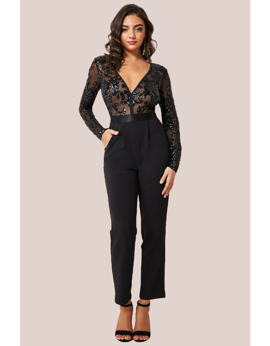 Goddiva Sequin Mesh Jumpsuit - Black