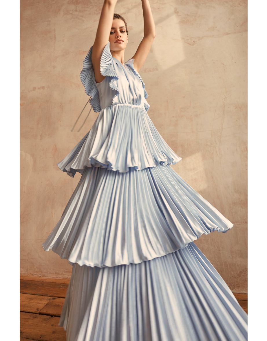 Beatrice Blue Satin Pleated Tiered Dress