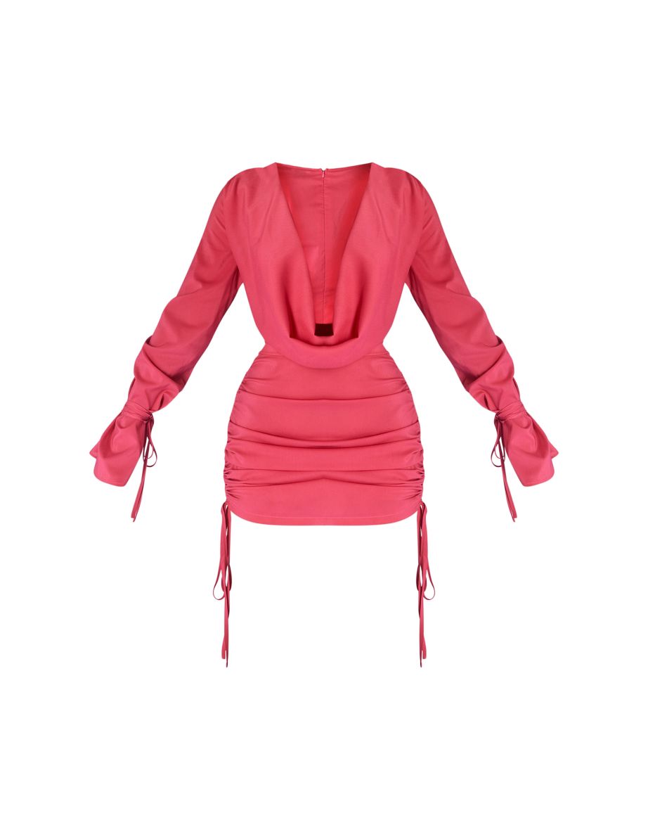 Petite Hot Pink Long Ruched Sleeve Cowl Neck Bodycon Dress - 4