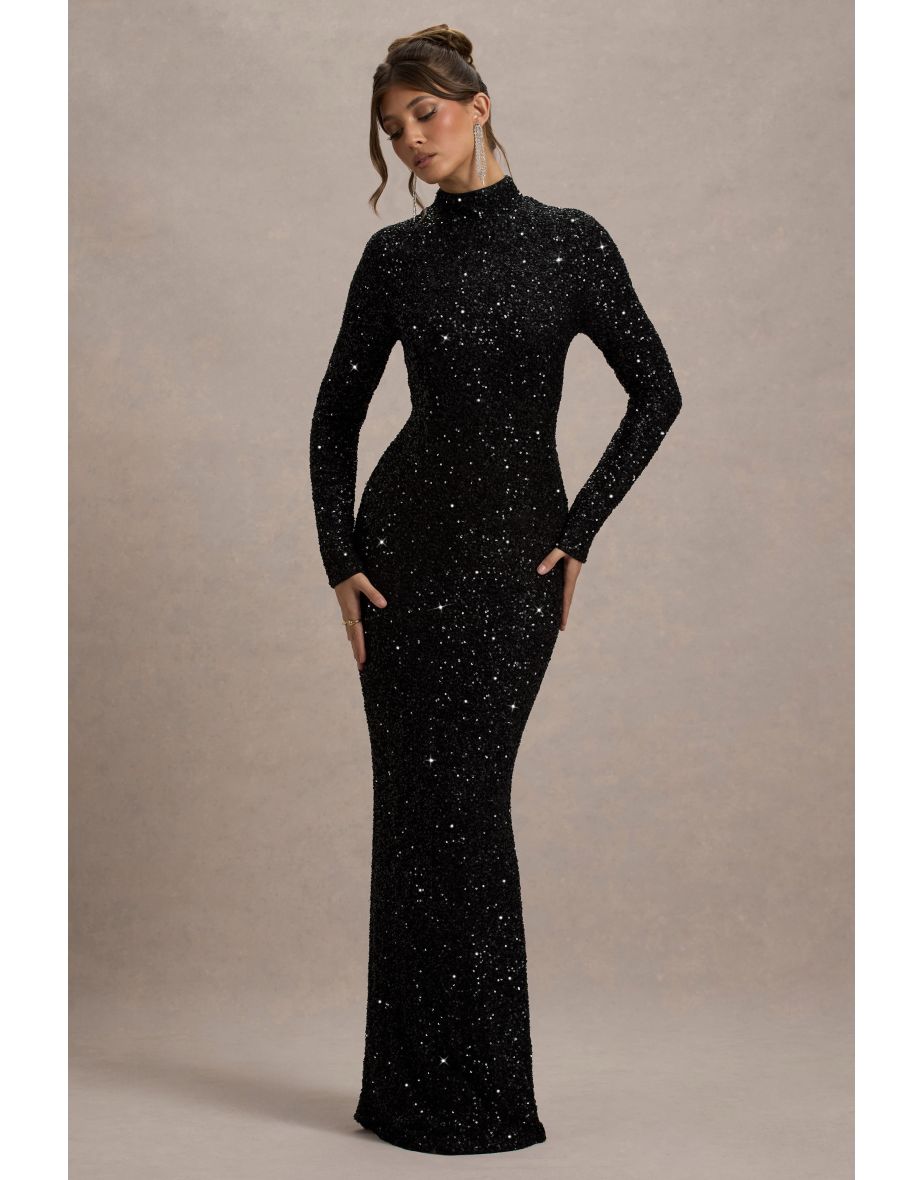 Galaxy | Black Sequin Turtle-Neck Long-Sleeve Maxi Dress