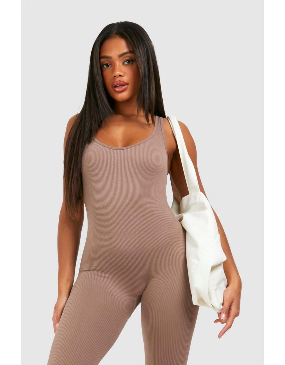 Contour Seamless Rib Scoop Neck Unitard Jumpsuit - taupe - 3