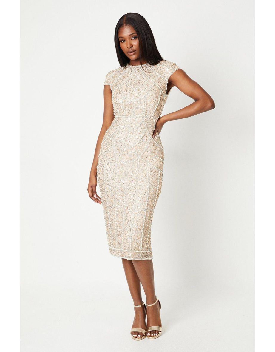 Cap Sleeve Pearl Embellished Pencil Dress