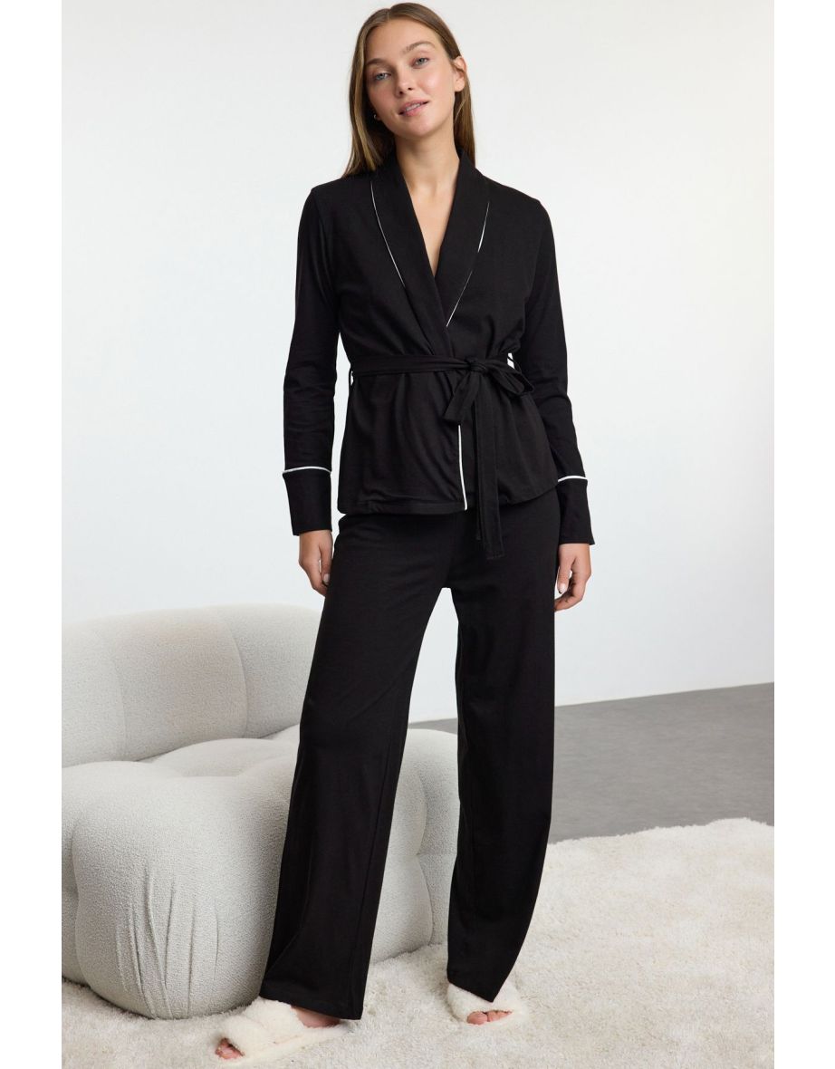 Black Solid Jersey Knitted Pajama Set