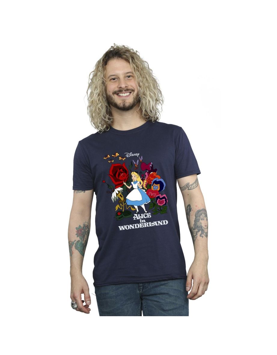 Disney Mens Alice In Wonderland Flowers T-Shirt - Navy Blue