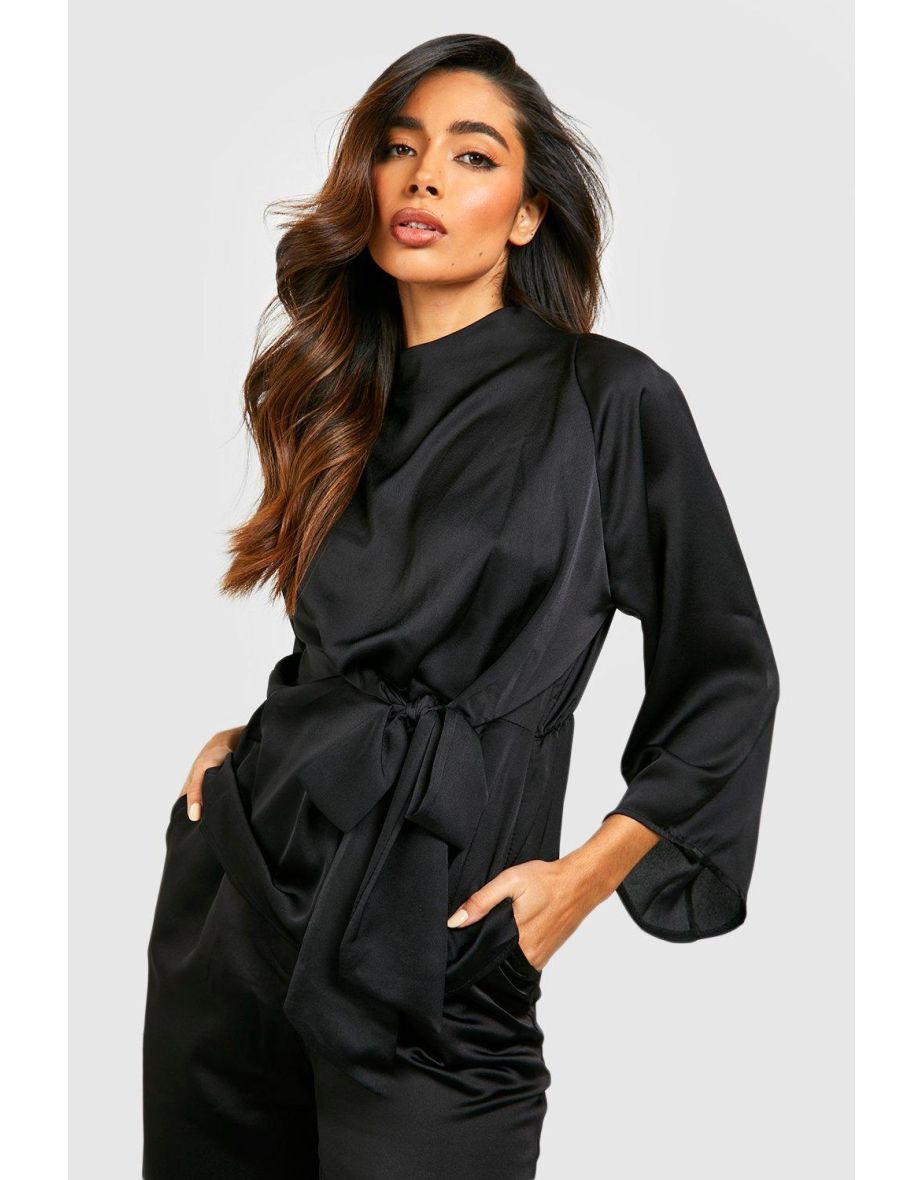 Satin Flute Sleeve Knot Front Blouse - black