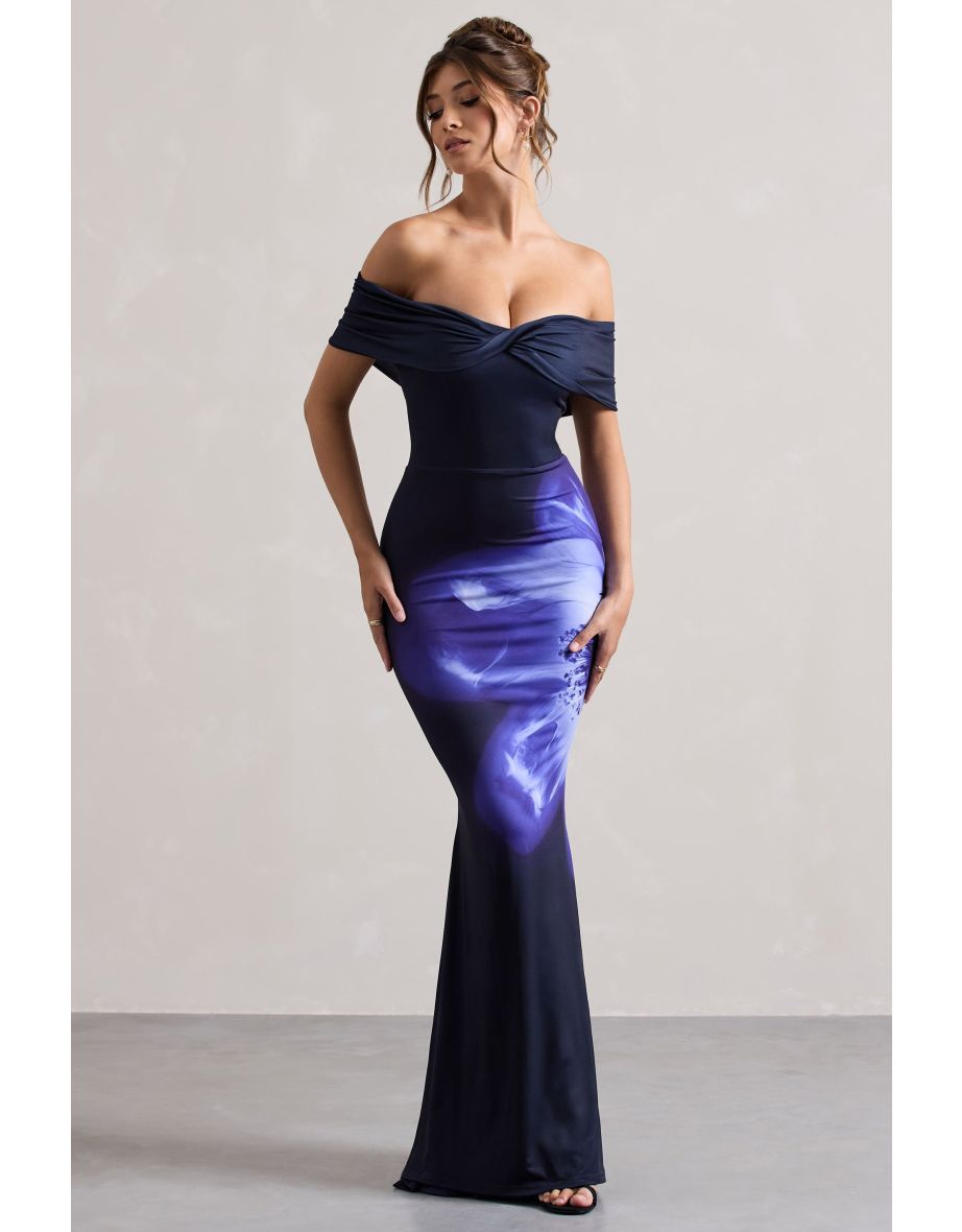 Alaia | Navy Floral Print Bardot Maxi Dress