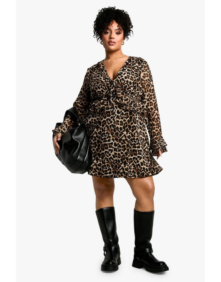 Plus Woven  Animal Print Smock Dress - leopard