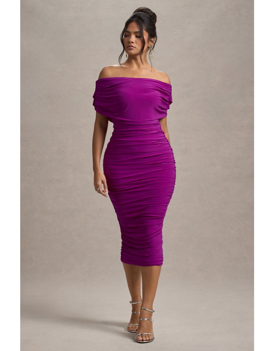 Rayleigh | Dark Pink Bardot Ruched Midi Dress