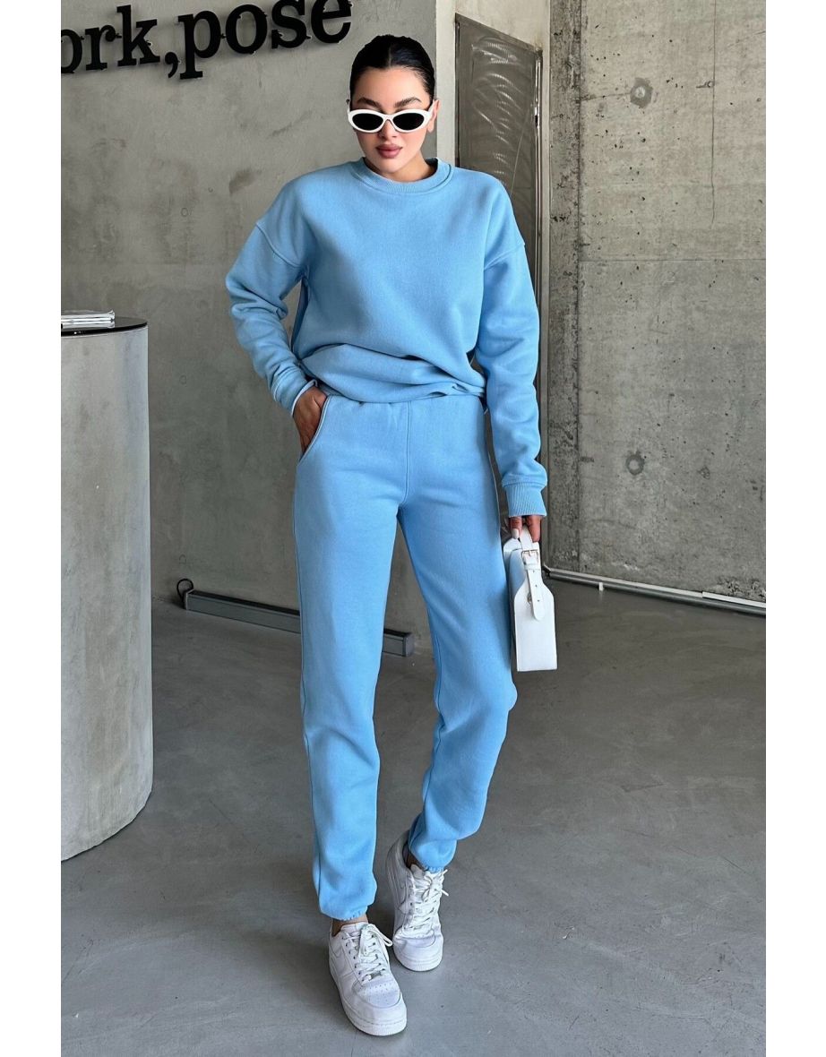 Baby Blue Crew Neck Plain Oversize Bottom-Top Tracksuit Set