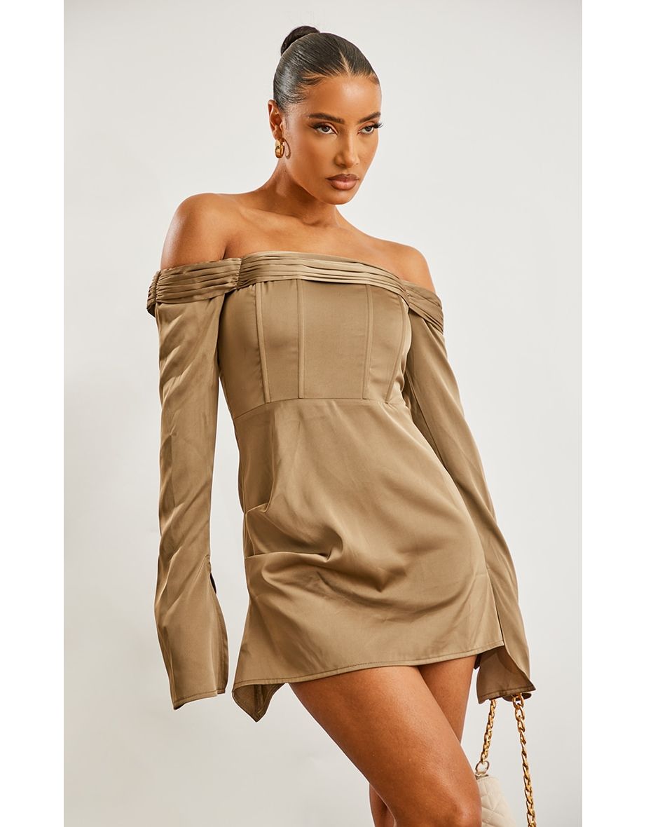 Shop Khaki Satin Pleat Detail Bardot Flared Sleeve Bodycon Dress Online in Bahrain VogaCloset