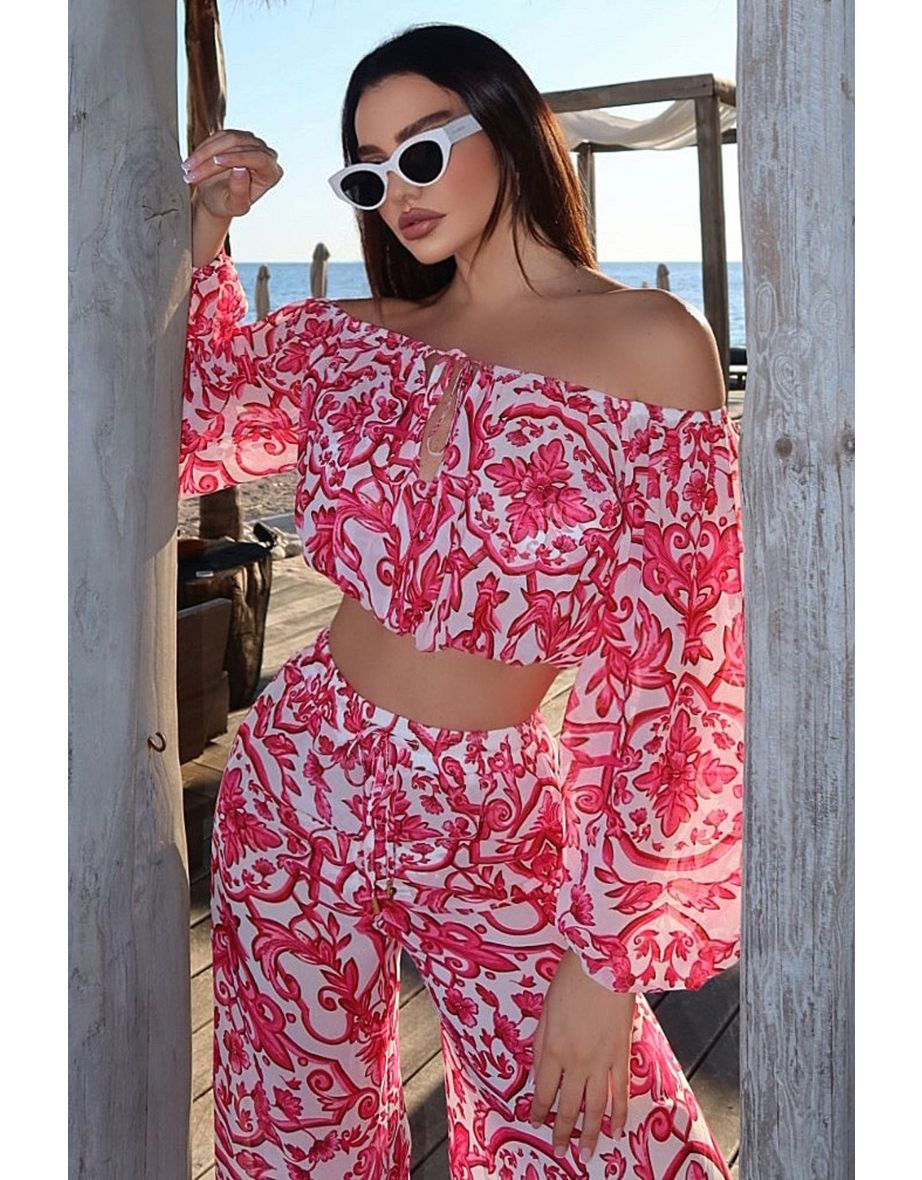 Joi | Pink Porcelain Print Chiffon Bardot Crop Top