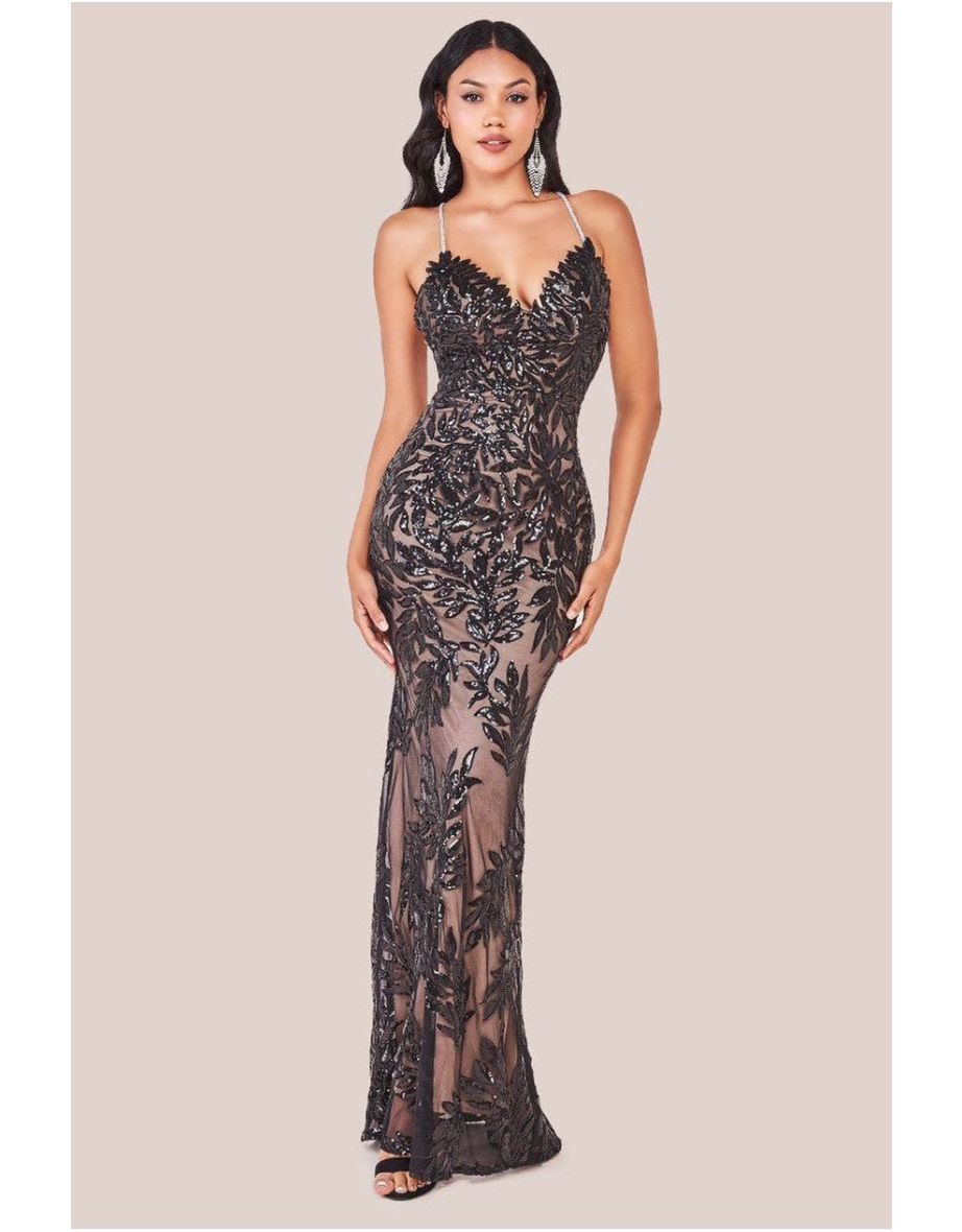 Goddiva Cross Back Diamante Strap Sequin Maxi - Black