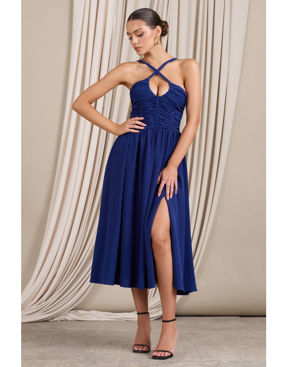Lady Loren | Navy Ruched Cross-Strap Split Midi Dress - 5