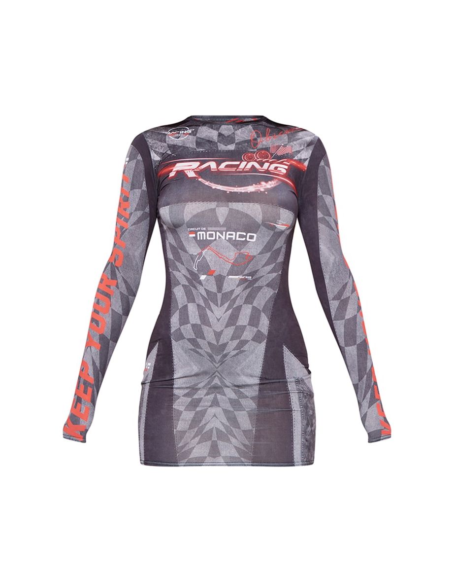 Petite Red Motocross Racer Print Long Sleeve Bodycon Dress - 4