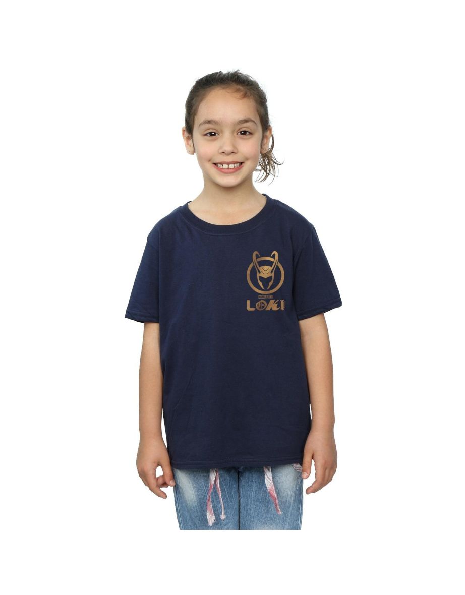 Marvel Girls Loki Horn Logo Faux Pocket Cotton T-Shirt - Navy Blue