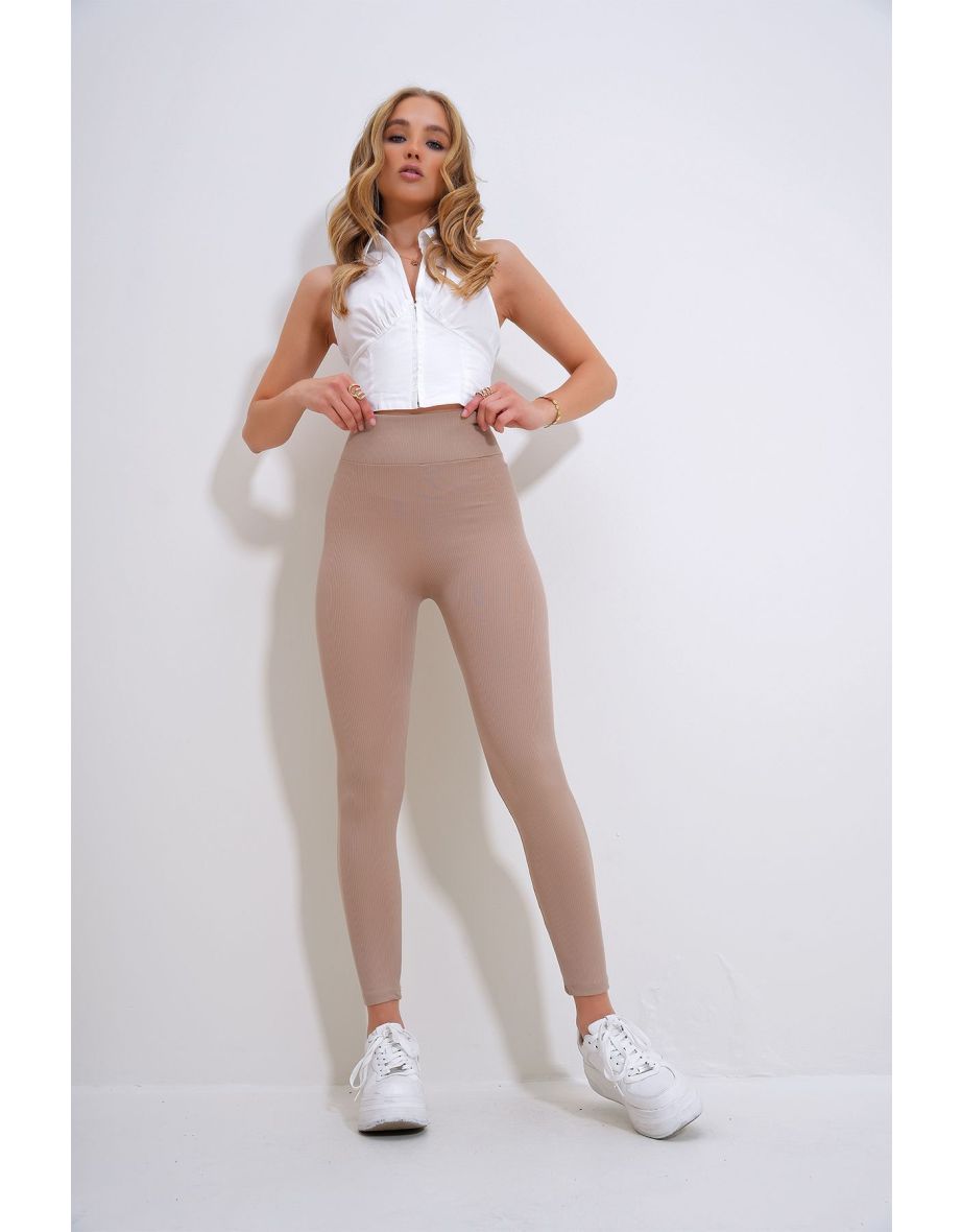 Women's Beige High Waist Ribbed Lycra Leggings