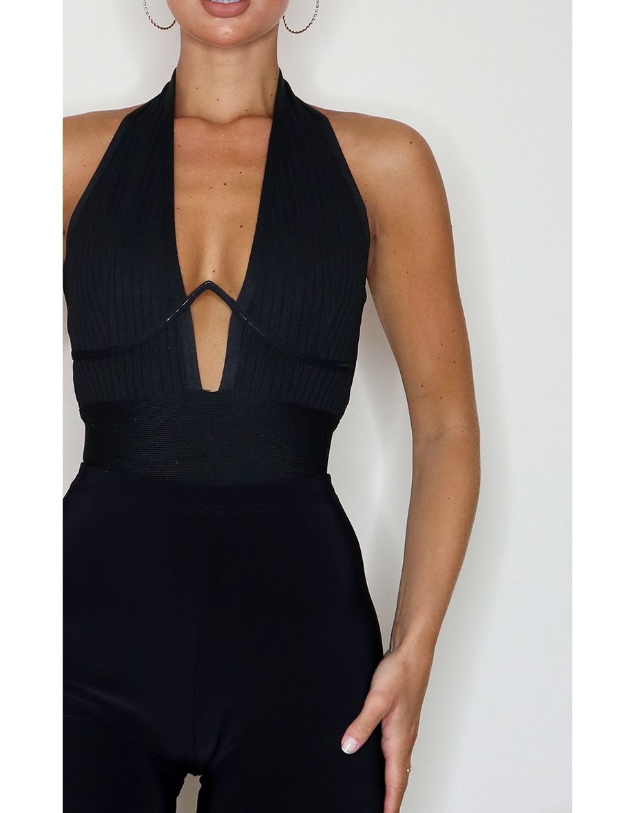 Black Bandage Rib V-Wire Halterneck Bodysuit - 2