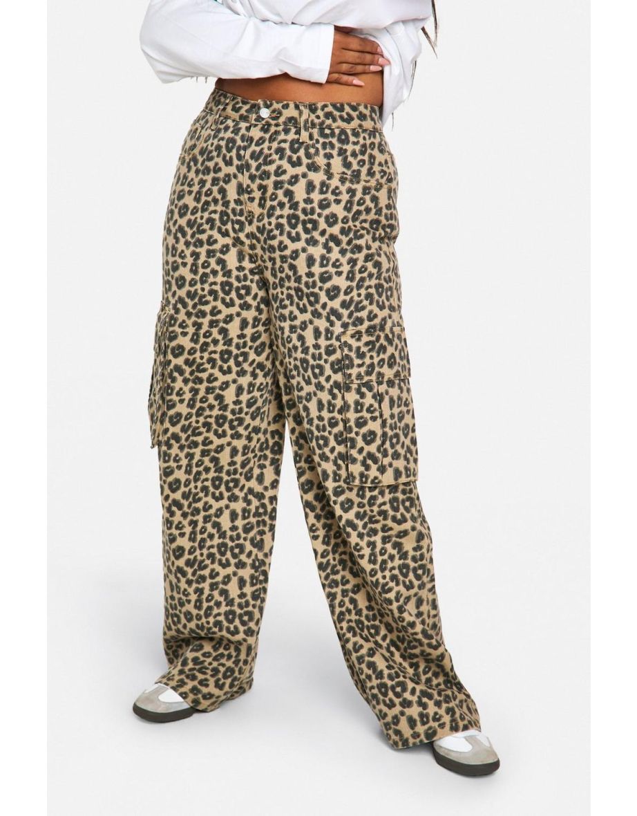 Plus Leopard Print Cargo Jeans - leopard - 3