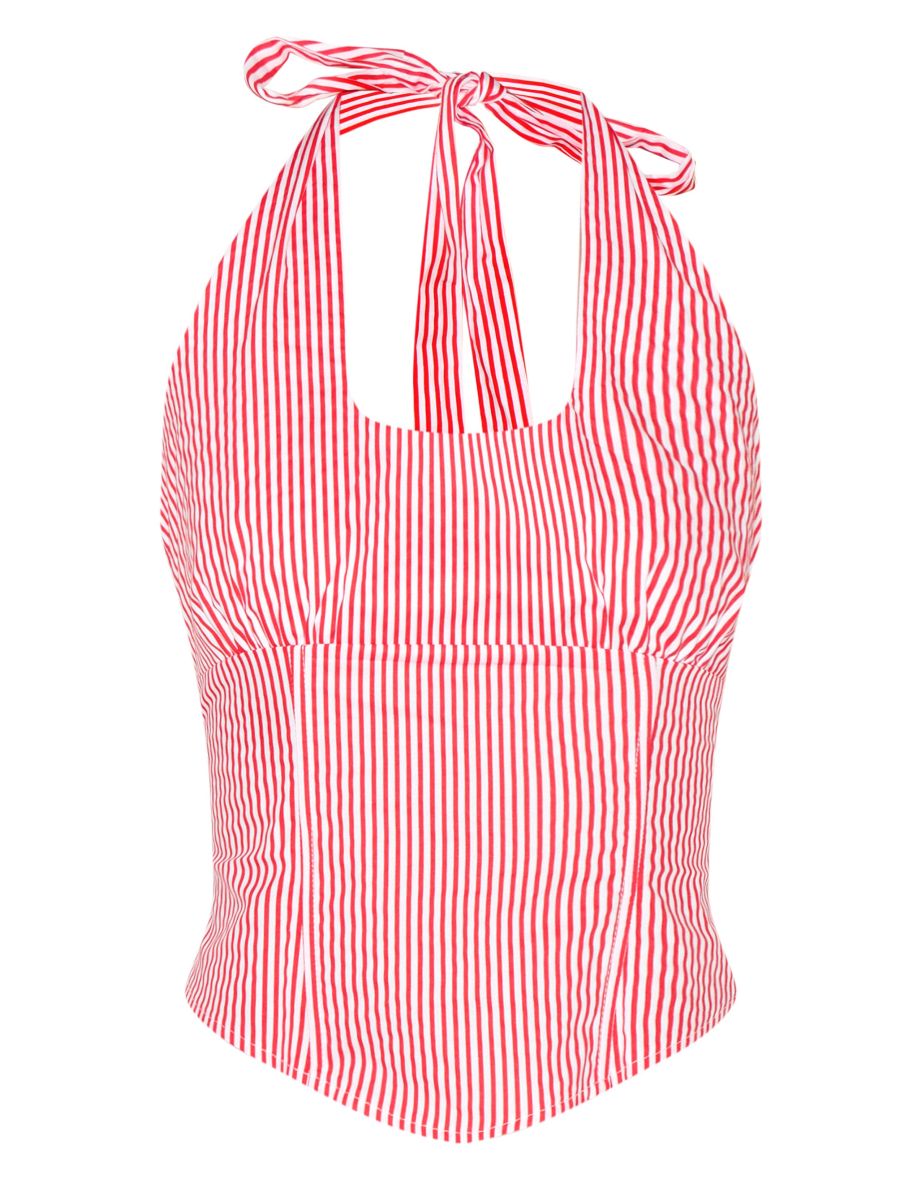 Red Striped Halterneck Dip Hem Top - 4