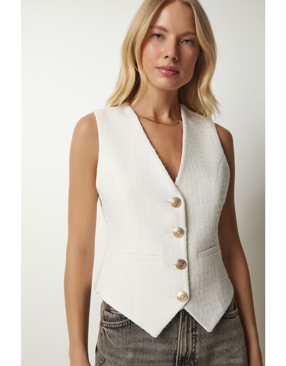 Women's Ecru Metal Button Detailed Cachet Vest